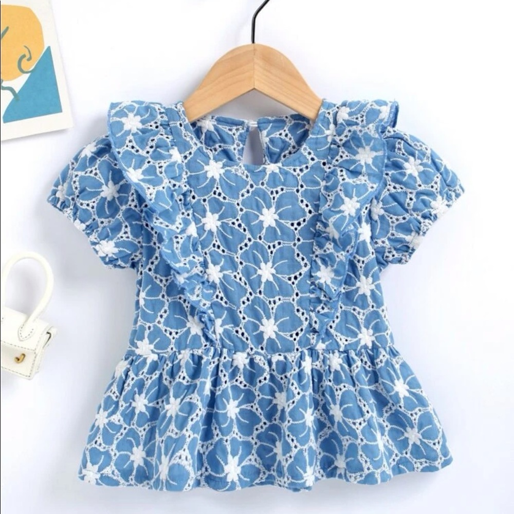 SHEIN nwot peplum blue white embroidered blue shirt fits 1-2year old size 90.